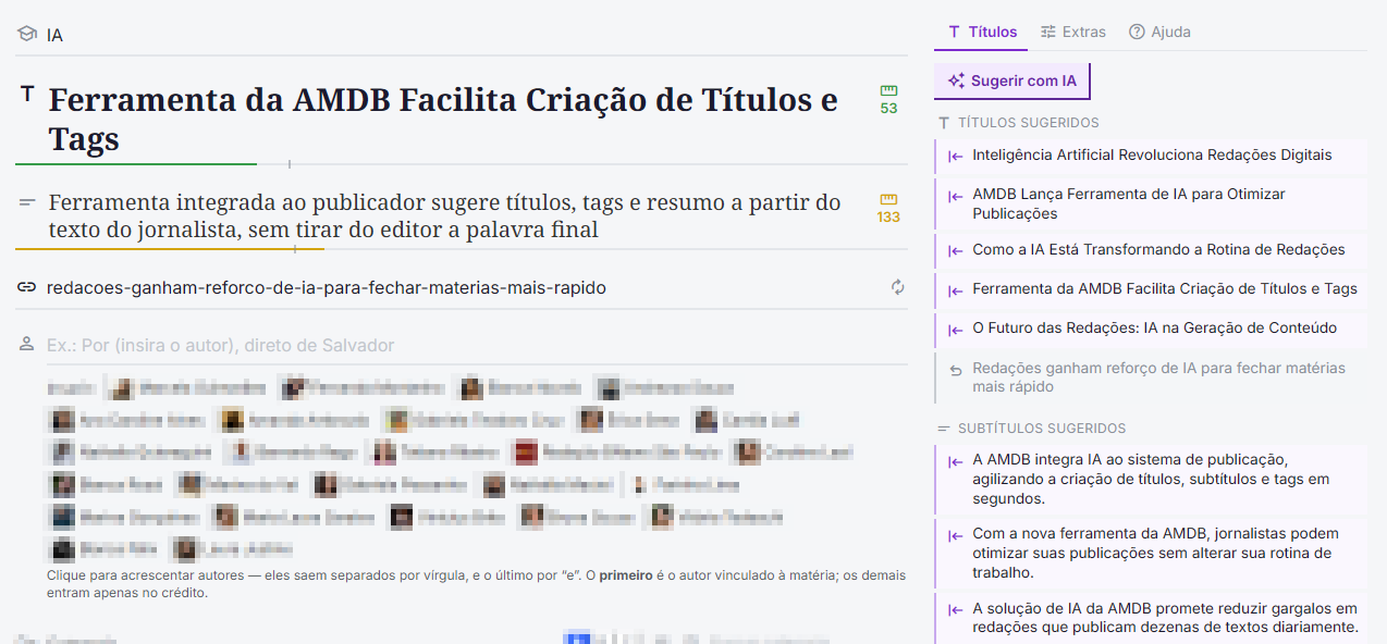 Tela de edição do artigo com o painel da IA ao lado, listando títulos e subtítulos sugeridos