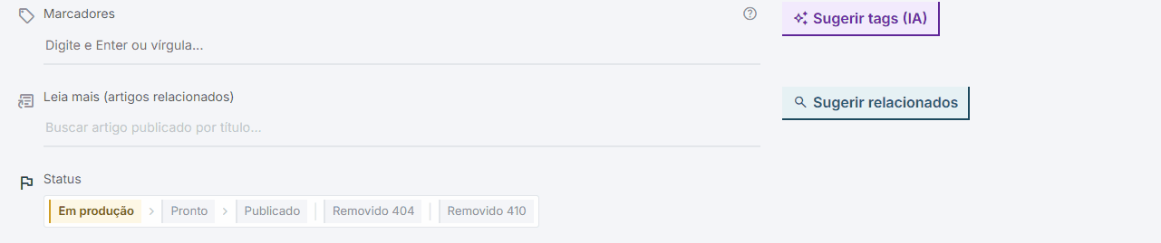 Animação: o editor clica em Sugerir tags, recebe a lista com o nível de cada tag e adiciona quatro delas ao artigo com um clique