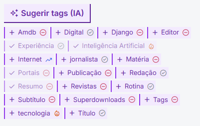 Tags sugeridas pela IA, cada uma com um ícone de nível: em alta, em crescimento, já usada ou sem nenhum cruzamento