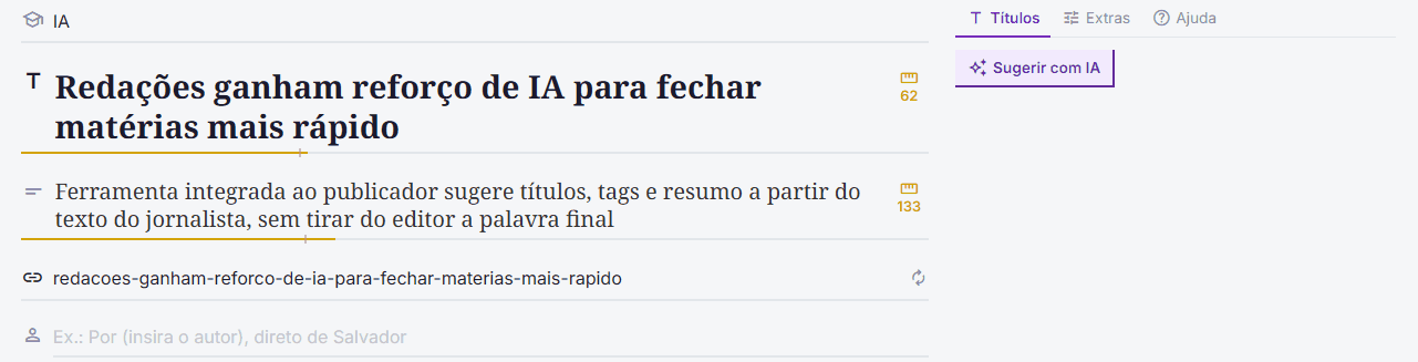 Animação: o editor clica em Sugerir com IA, recebe cinco opções de título e troca o título com um clique